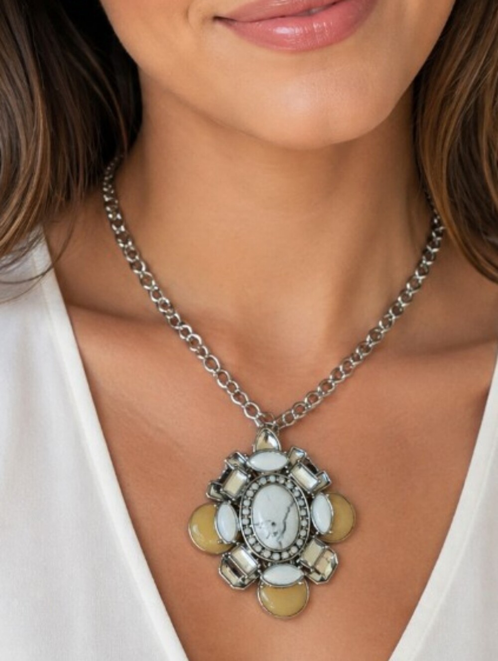 Chico's Silver-Tone Statement Pendant Necklace with Cream Accents Adjustable
